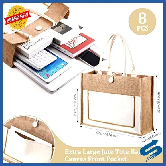 Large Jute Tote Bags Reusable Canvas Grocery Shopping Travel Gift